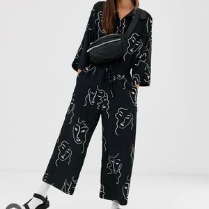 Monki faces print drawstring wide leg jumpsuit